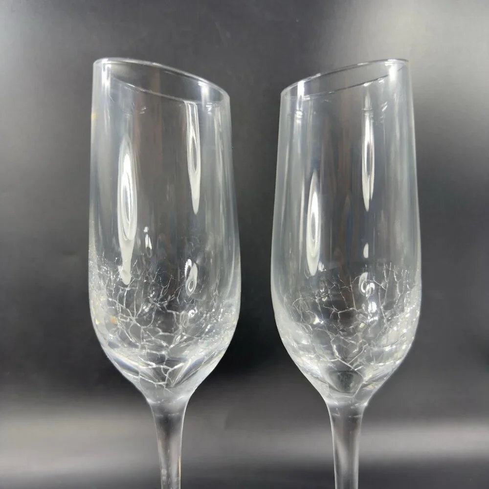 Pier 1 Clear Glass Crackle Angled Rim Goblet Drinking Glasses Cups Flutes Set 2